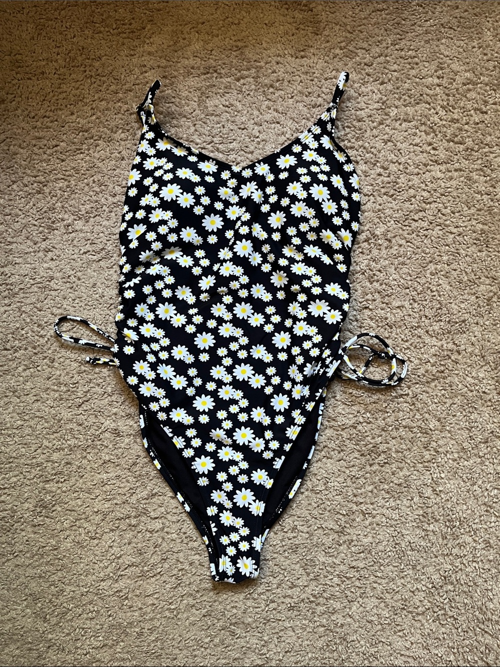Daisy Print Black One-Piece Swimsuit for Juniors